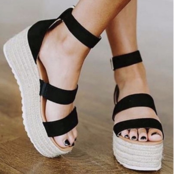 Shoes - Vegan leather black espadrille wedge